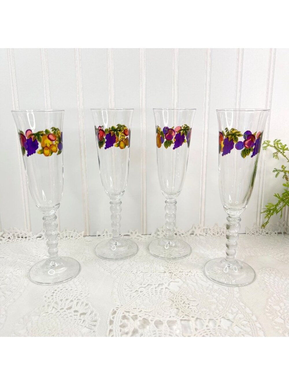 Vintage CERVE DeValbor Set of 4 Fruit Design Glass Champagne Flutes Ball Stem